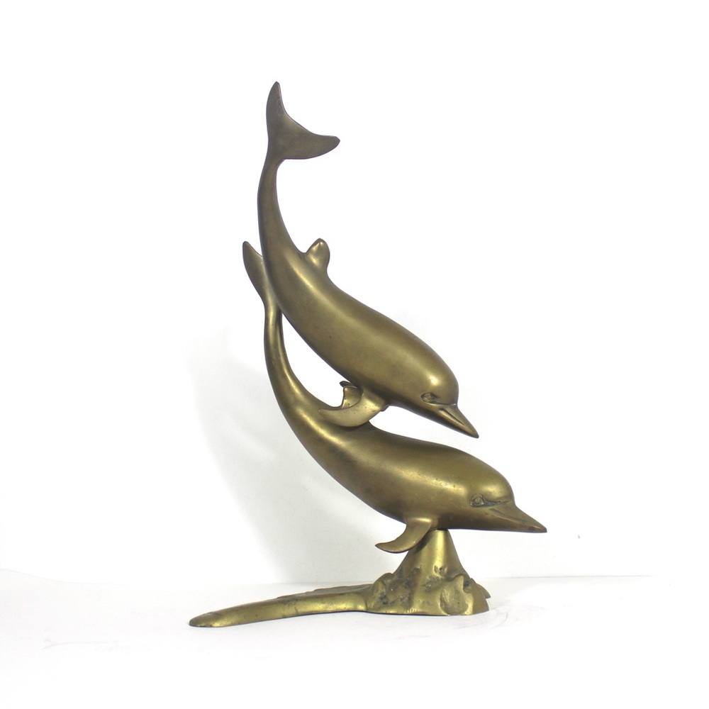 Vintage 12” x 16” Brass Dolphins Office Decor, Book Shelf Styling Beach House